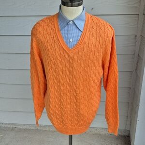 TOM JAMES‎ Peru Mercerized Pima Cotton Orange Cable Knit XL Mens V Neck Sweater